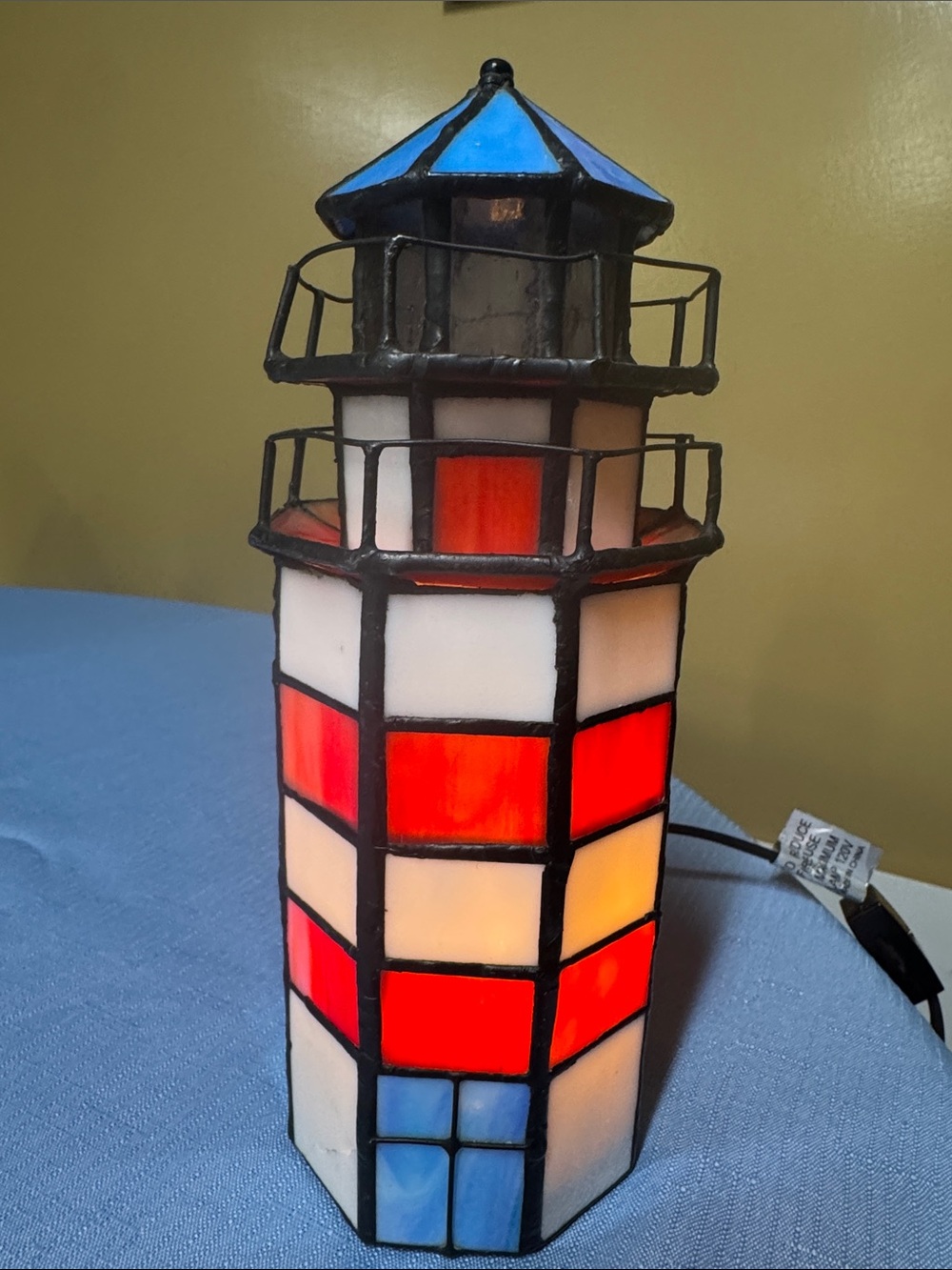 Stained Glass Lighthouse Accent Lamp - Blue, White & Red - Picture 5 of 8